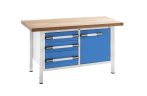   Állítható magasságú munkapad, zártszelvényes kivitel – eurokraft pro szélesség 1500 mm, 3 fiók, 1 ajtó